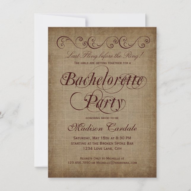 Rustic Country Bachelorette Party Invitations (Front)