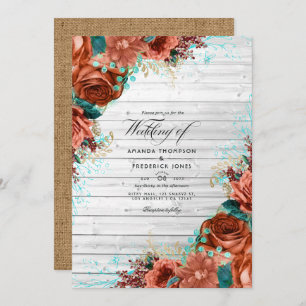 Rustic Country Barn Coral and Teal Floral Wedding  Invitation