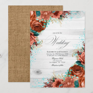 Rustic Country Barn Coral and Teal Floral Wedding Invitation