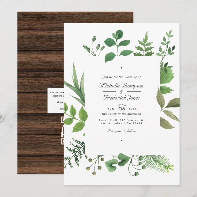 Rustic Country Barn Greenery QR Code RSVP Wedding Invitation (Front/Back)