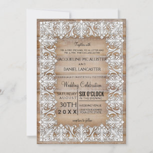 Rustic Country Barn Style Lace n Wood Wedding Invitation