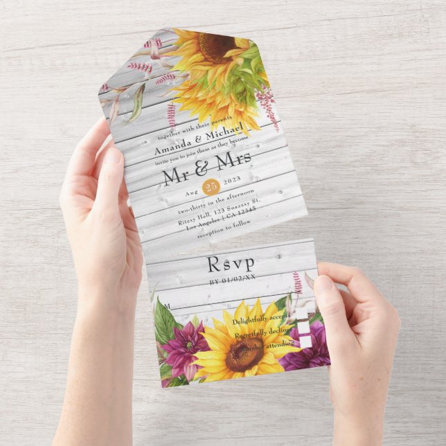 Rustic Country Barn Sunflower Wedding All In One I All In One Invitation (Tearaway)