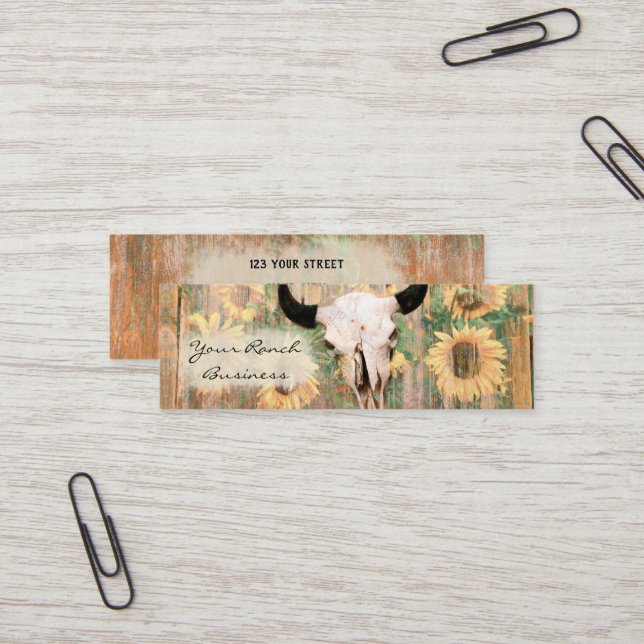 Rustic Country Barn Western Bull Skull Sunflowers Mini Business Card (Front/Back In Situ)