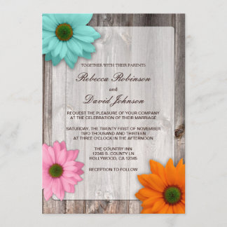 Rustic Country Barn with Colourful Daisies Wedding Invitation