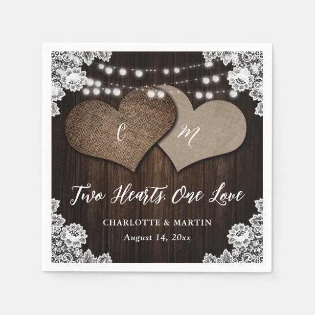 Rustic Country Barn Wood Burlap Lace Wedding Napkin (Front)