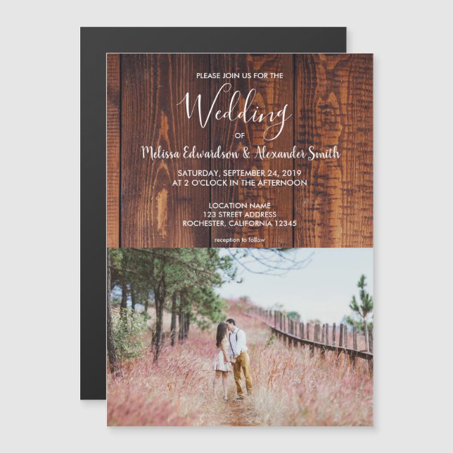 Rustic country barn wood elegant photo wedding magnetic invitation (Front/Back)