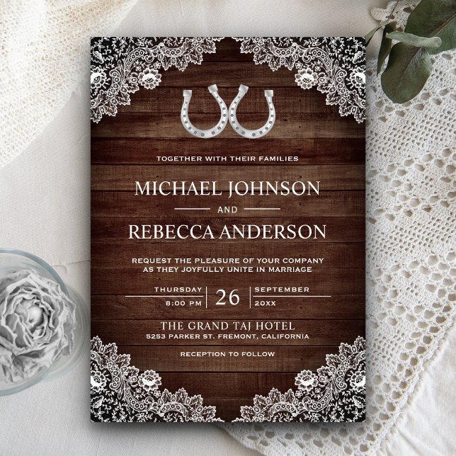 Rustic Country Barn Wood Horseshoe Lace Wedding Invitation (Creator Uploaded)