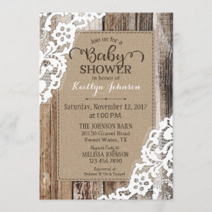 Rustic Country Barn Wood Lace Baby Shower Invitation
