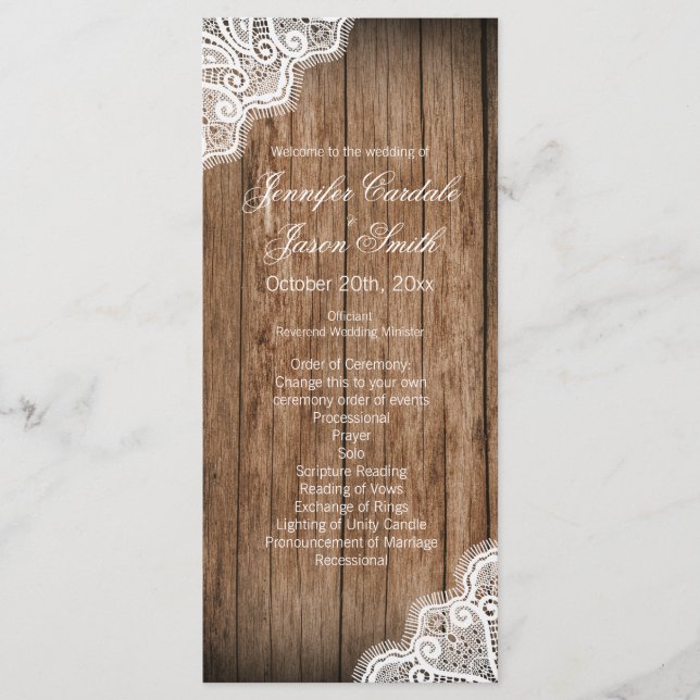 Rustic Country Barn Wood Lace Wedding Programs (Front)