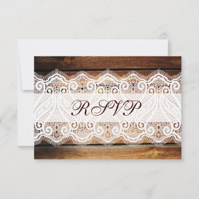 Rustic Country Barn Wood Lace Wedding RSVP Cards (Front)