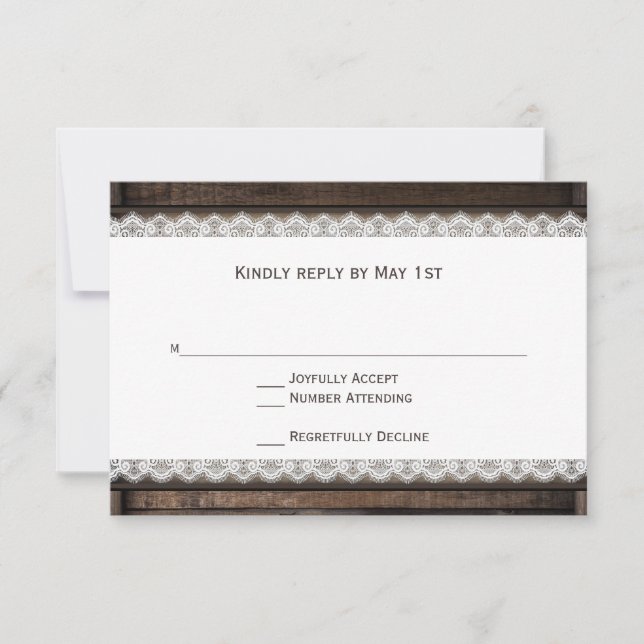 Rustic Country Barn Wood Lace Wedding RSVP Cards (Front)