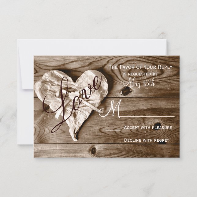 Rustic Country Barn Wood Love Heart Wedding RSVP (Front)