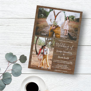 Rustic country barn wood photo collage wedding invitation