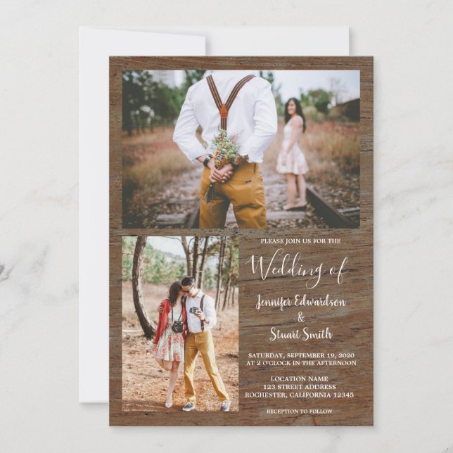 Rustic country barn wood photo collage wedding invitation (Front)