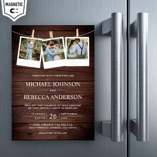 Rustic Country Barn Wood Photo Collage Wedding Magnetic Invitation