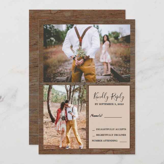 Rustic country barn wood photo RSVP wedding Invitation (Front/Back)