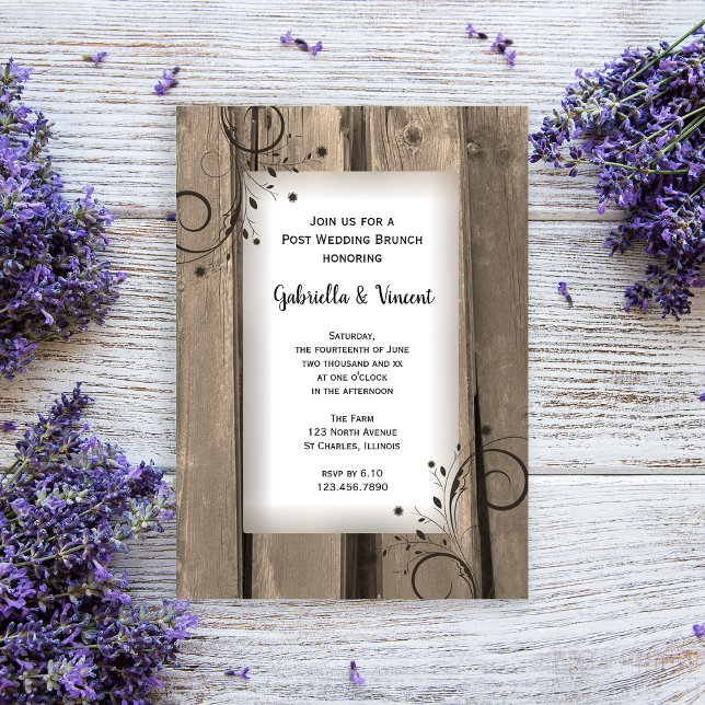 Rustic Country Barn Wood Post Wedding Brunch Invitation (Invite guests to your day after celebration with this rustic post wedding brunch invitation.)