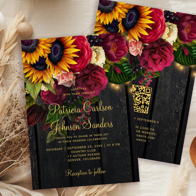 Rustic country barn wood QR code floral wedding Invitation (Creator Uploaded)
