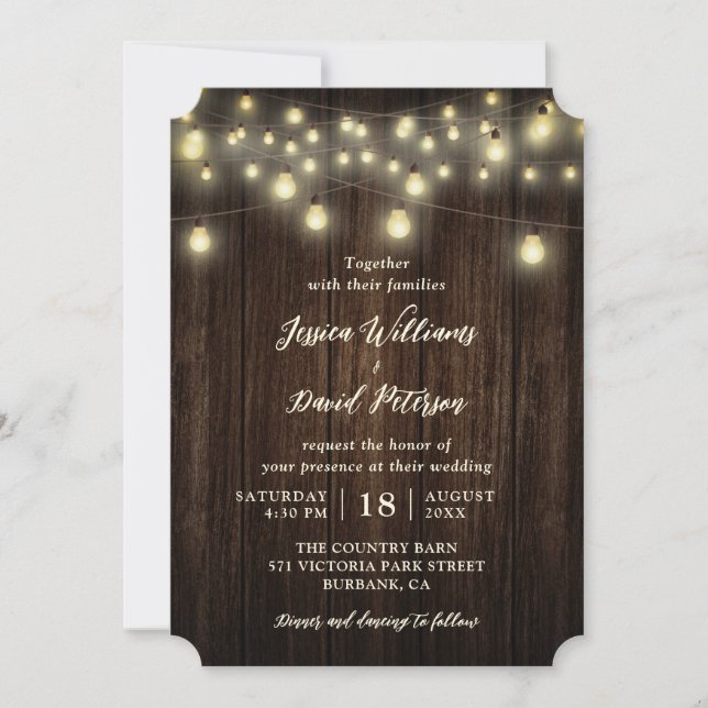 Rustic Country Barn Wood String Lights Wedding Invitation (Front)
