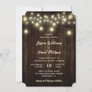 Rustic Country Barn Wood String Lights Wedding Invitation