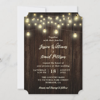 Rustic Country Barn Wood String Lights Wedding Invitation