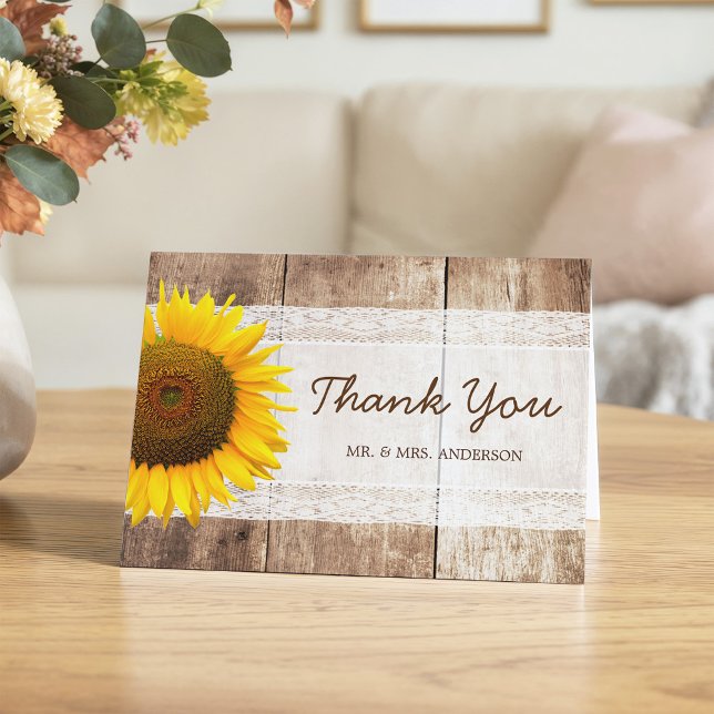 Rustic Country Barn Wood Sunflower Lace Thank You Card (Creator Uploaded)
