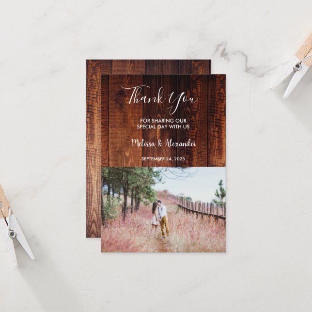 Rustic country barn wood Thank You photo wedding Invitation (Front/Back In Situ)