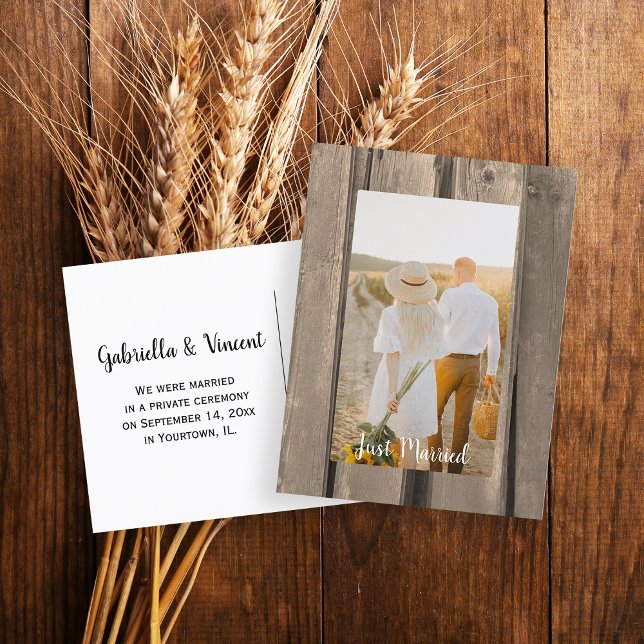 Rustic Country Barn Wood Wedding Photo Announcement Postcard (Announce you're hitched with a rustic barn wedding photo postcard.)