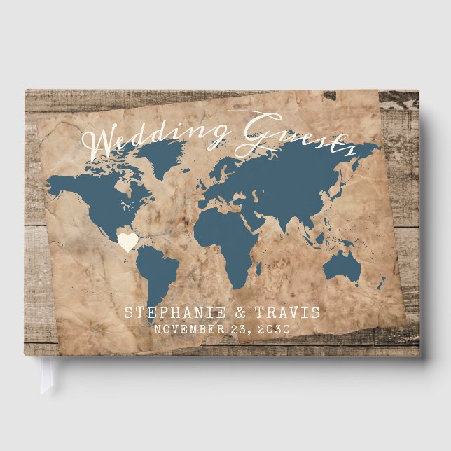 Rustic Country Barn Wood World Map Travel Themed Guest Book (Front)