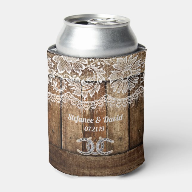 Rustic Country Barnwood Lace Wedding  Can Cooler (Can Front)