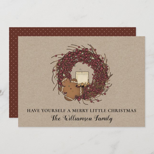 Rustic Country Berry Wreath Grubby Candle Merry Holiday Card (Front/Back)