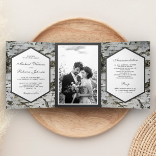 Rustic Country Birch Tree Bark Photo Wedding Tri-Fold Invitation