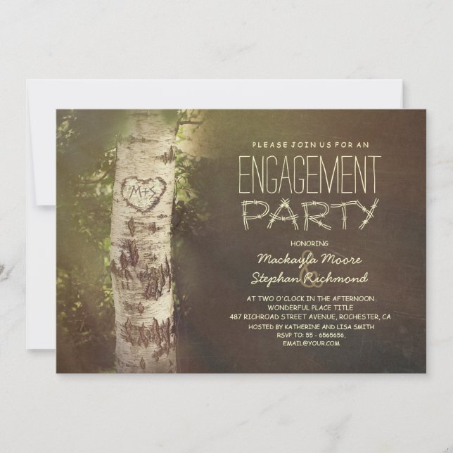 Rustic country birch tree engagement party invitation (Front)
