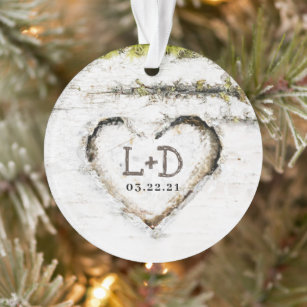 Rustic Country Birch Tree Heart Wedding Initials Ornament