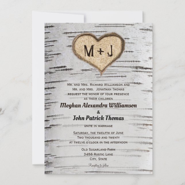 Rustic Country Birch Tree Initials Heart Wedding Invitation (Front)