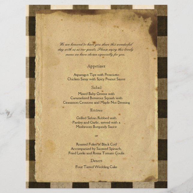Rustic Country Black Sepia Checks Wedding Menu (Front)