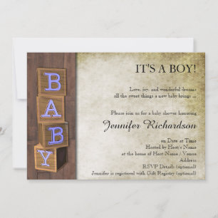 Rustic Country Blue Blocks Baby Shower Invitation