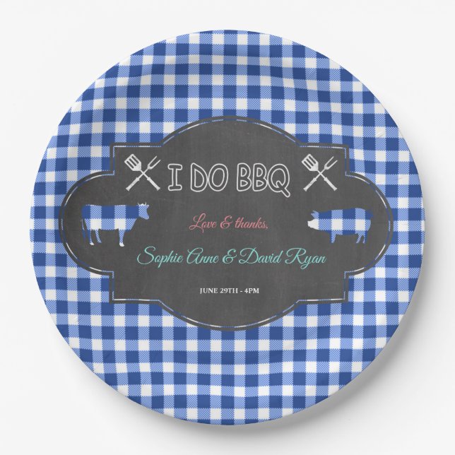 Rustic Country Blue Gingham Chalk I DO BBQ Paper Plate (Front)