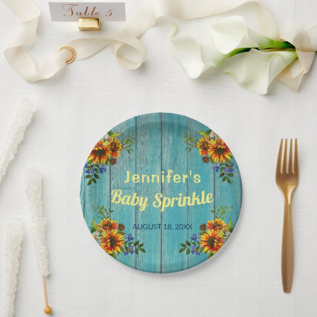 Rustic Country Blue Sunflower Baby Sprinkle Party Paper Plate (Wedding)