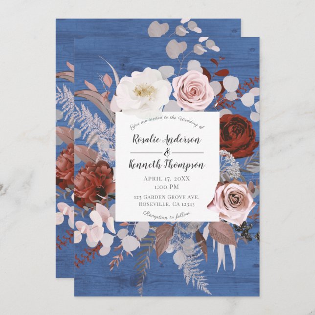 Rustic Country Blue Wood Floral Bloom Wedding Invitation (Front/Back)