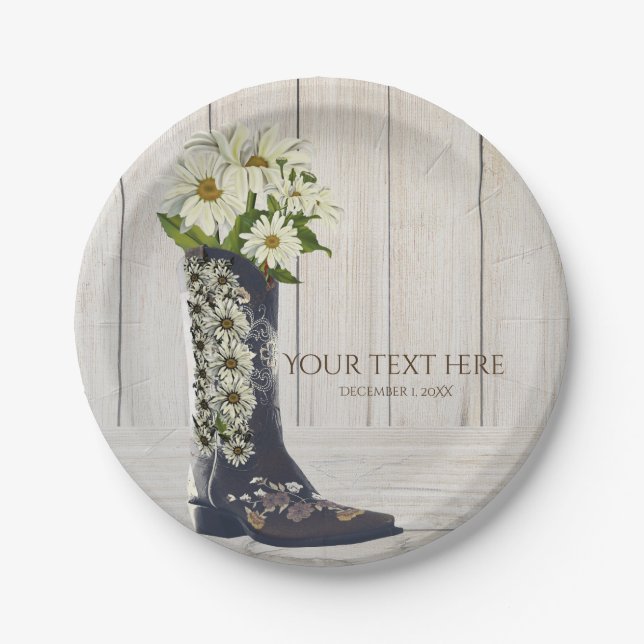Rustic Country Boot with Daisies Bridal Shower Paper Plate (Front)