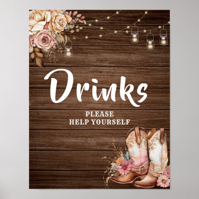 Rustic Country Boots Cowgirl Birthday Drinks Sign (Front)