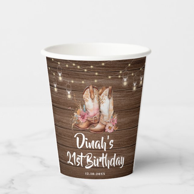 Rustic Country Boots Cowgirl Floral Birthday Paper Cups (Front)