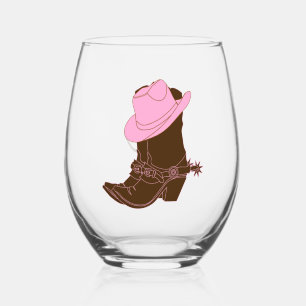 Rustic Country Boots & Pink Cowgirl Hat Stemless Wine Glass
