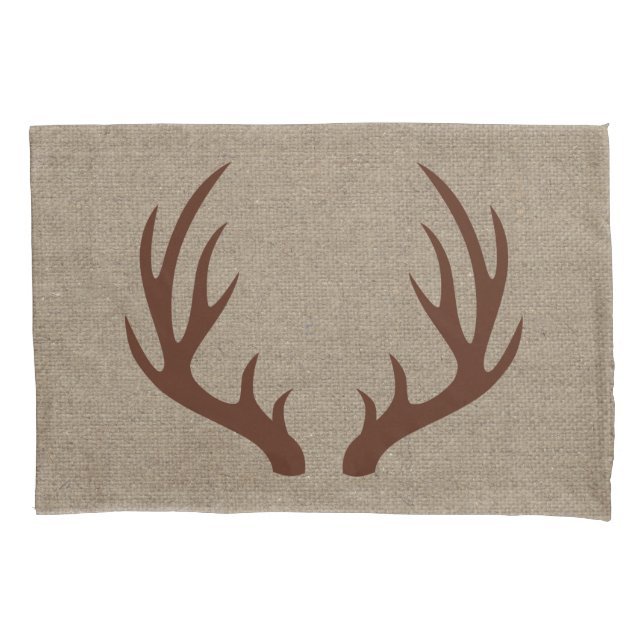 Rustic Country Brown Deer Antlers Faux Burlap Pillowcase (Front)
