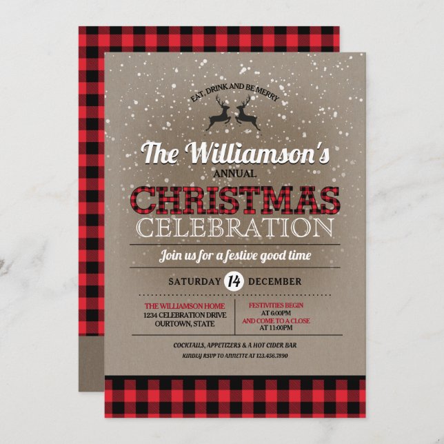 Rustic Country Buffalo Check Christmas Party Invitation (Front/Back)