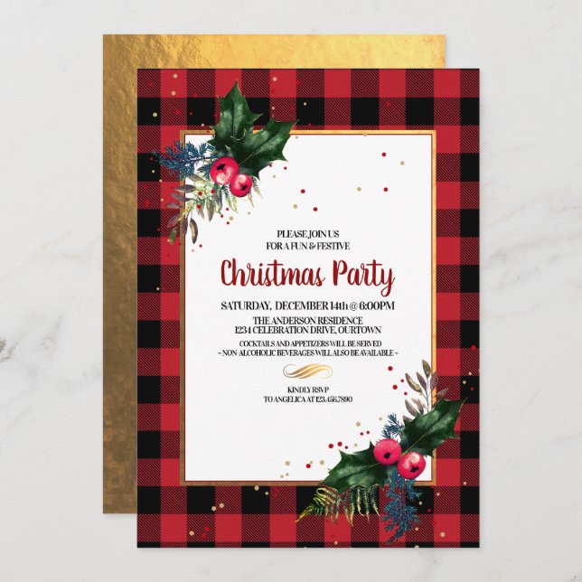 Rustic Country Buffalo Check Christmas Party Invitation (Front/Back)