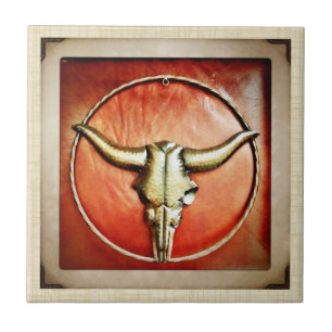Rustic Country Bull Horns Faux Leather Design Tile