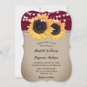 Rustic Country Burgundy Burlap Sunflower Wedding Invitation