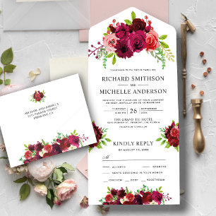 Rustic Country Burgundy Floral Bouquet Wedding All In One Invitation